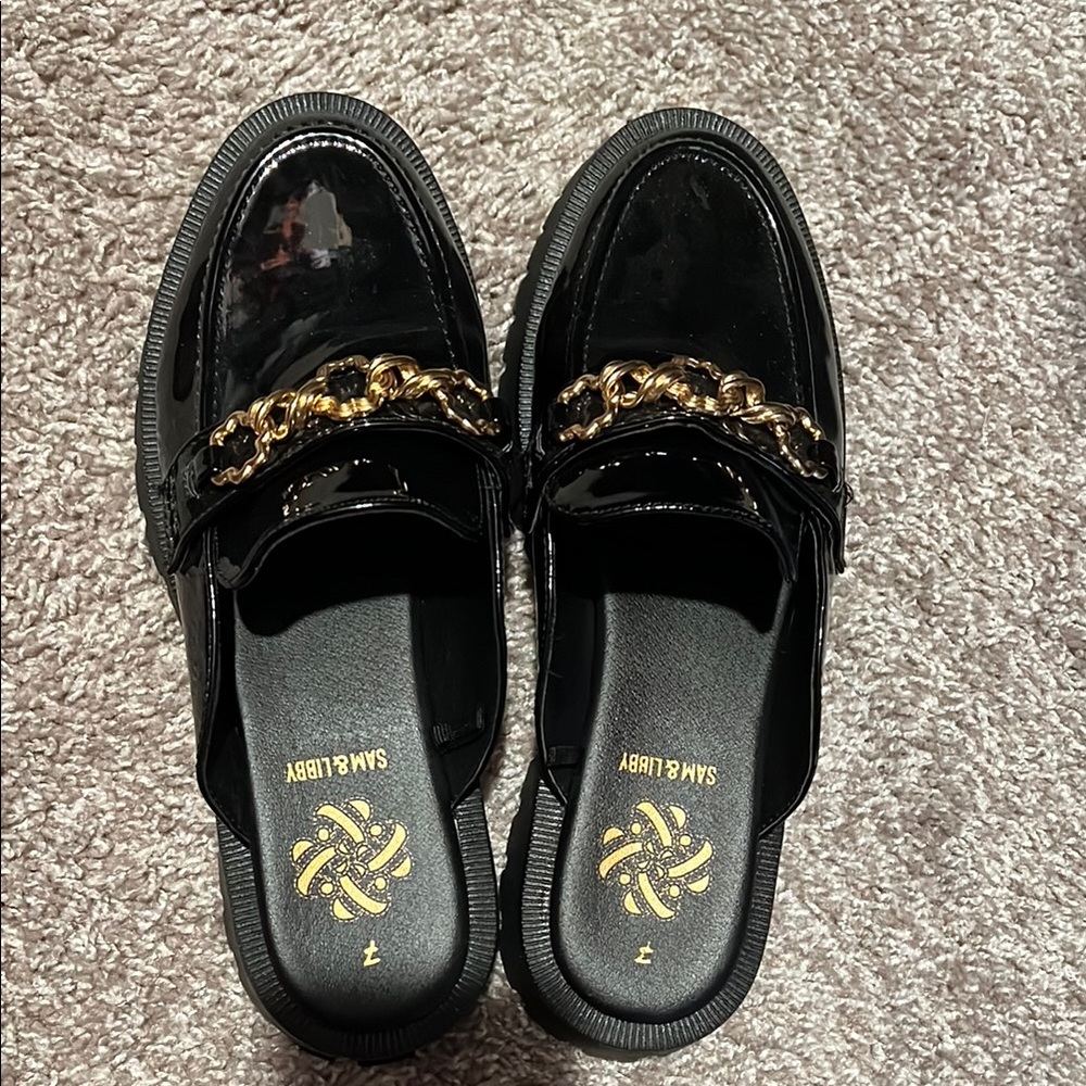 Black Patent Loafers with Gold Chain